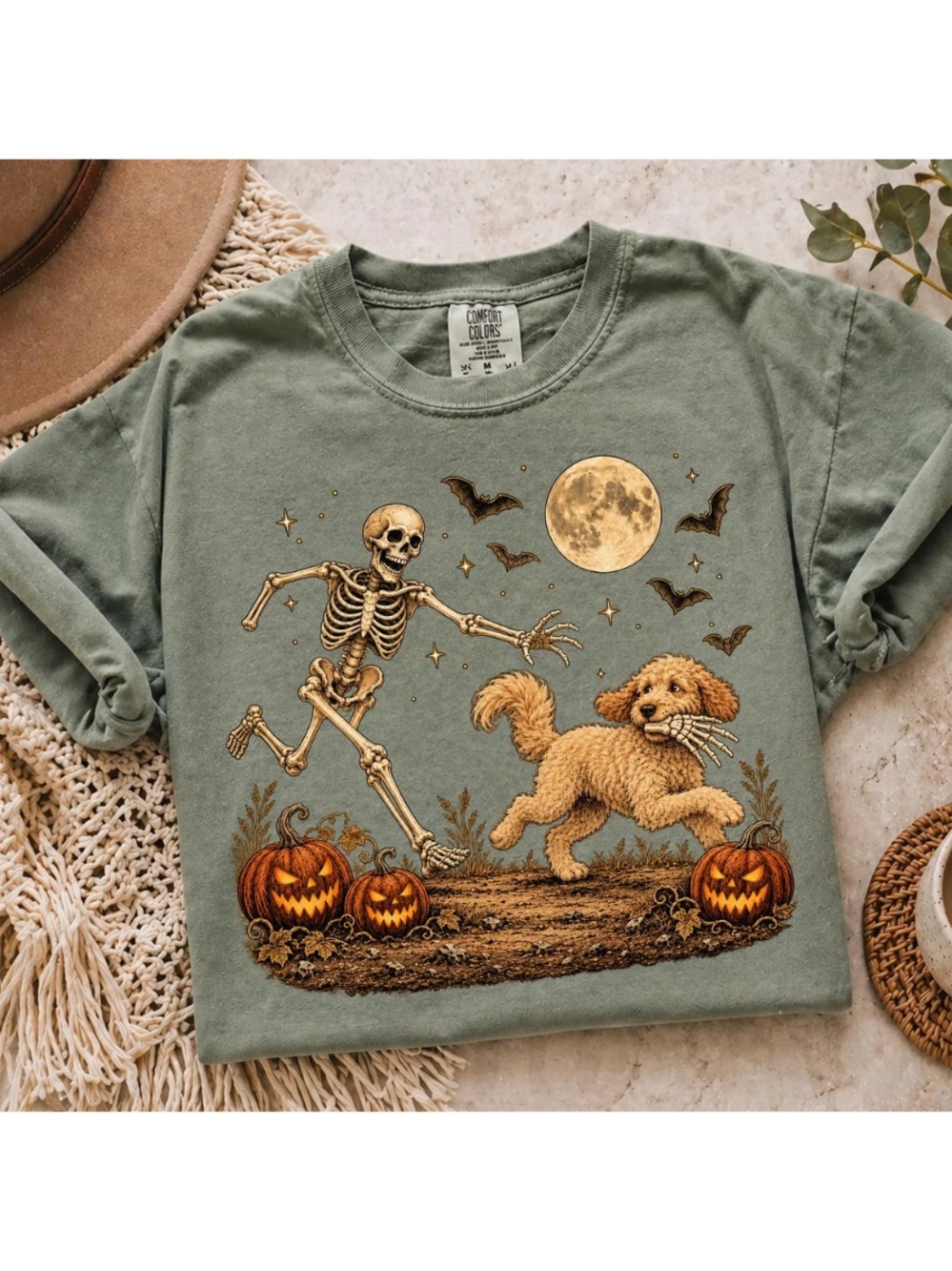 Comfort Colors Moss Green Halloween Skeleton & Dog Graphic Tee